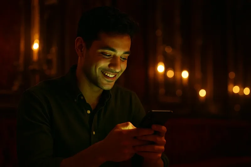 Young man smiling at phone with green and gold screen light