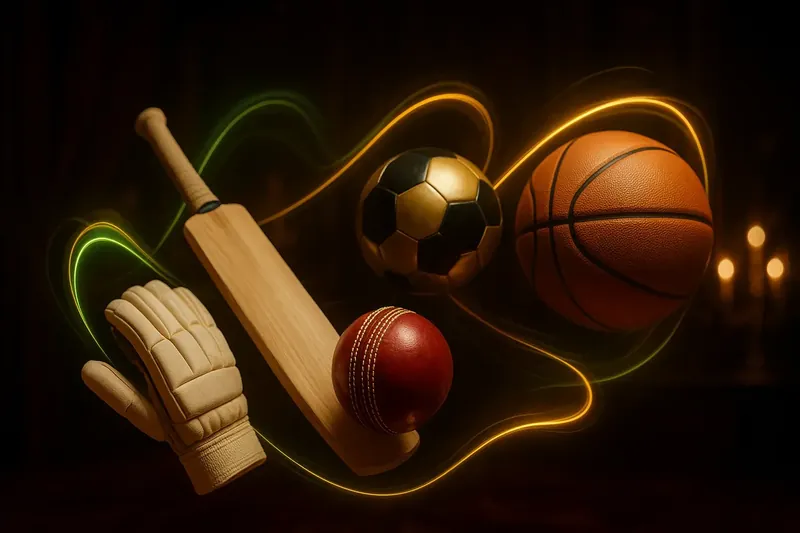 Cricket, football, and basketball equipment floating with neon light trails