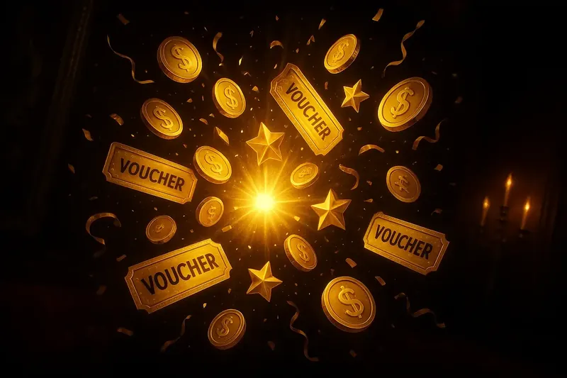 Golden coins, voucher tickets, and stars bursting with confetti