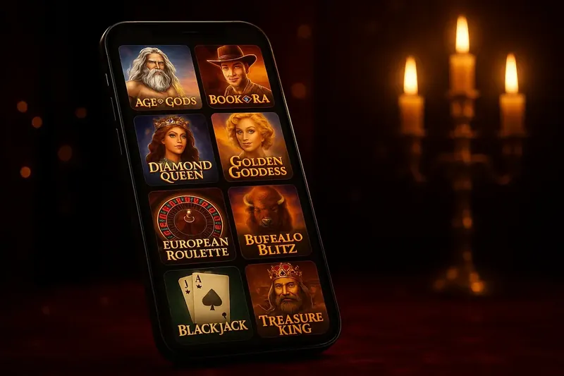 Floating smartphone displaying premium casino game selection on dark background