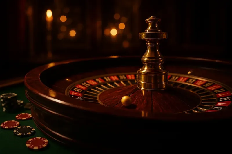 Close-up roulette wheel with golden ball, green felt, and chips