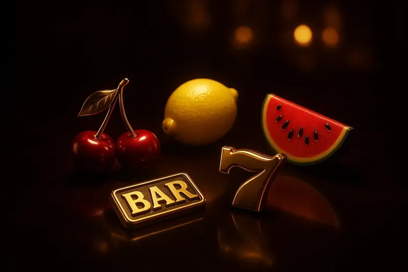 Isometric 3D slot symbols on dark reflective surface with spotlights